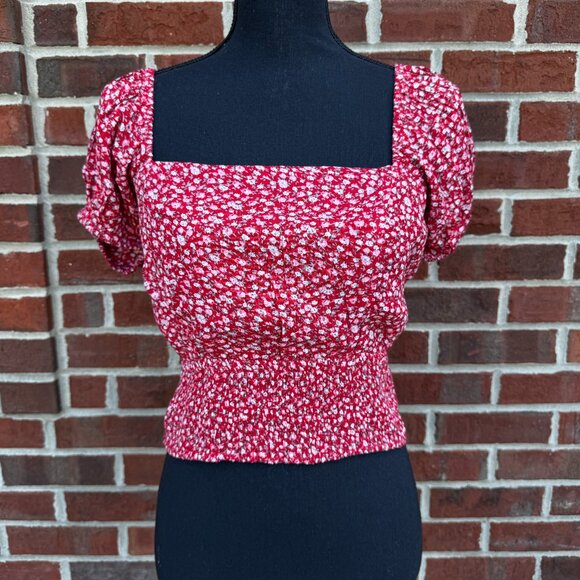 Sim & Sam Cropped Top Medium Red Ditsy Floral Smocked Waist Puff Sleeve Feminine - Picture 1 of 9